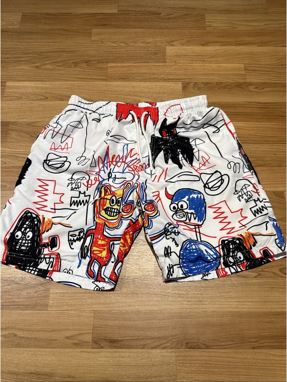 Swim Shorts Mens Medium White Multi Excellent Abstract Graffiti Monster Print